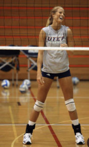 UTEP volleyball player, Miss Texas 2010 Kelsey Elizabeth Moore, will participate in the Miss USA pageant April 18, 2010, in Las Vegas, Nev. Bur Wednesday afternoon it was back to work on the court at Memorial Gym as the UTEP volleyball was back at practice for their upcoming match at Bradley in Peoria, Ill., September 11th. (Ruben R. Ramirez / El Paso Times)