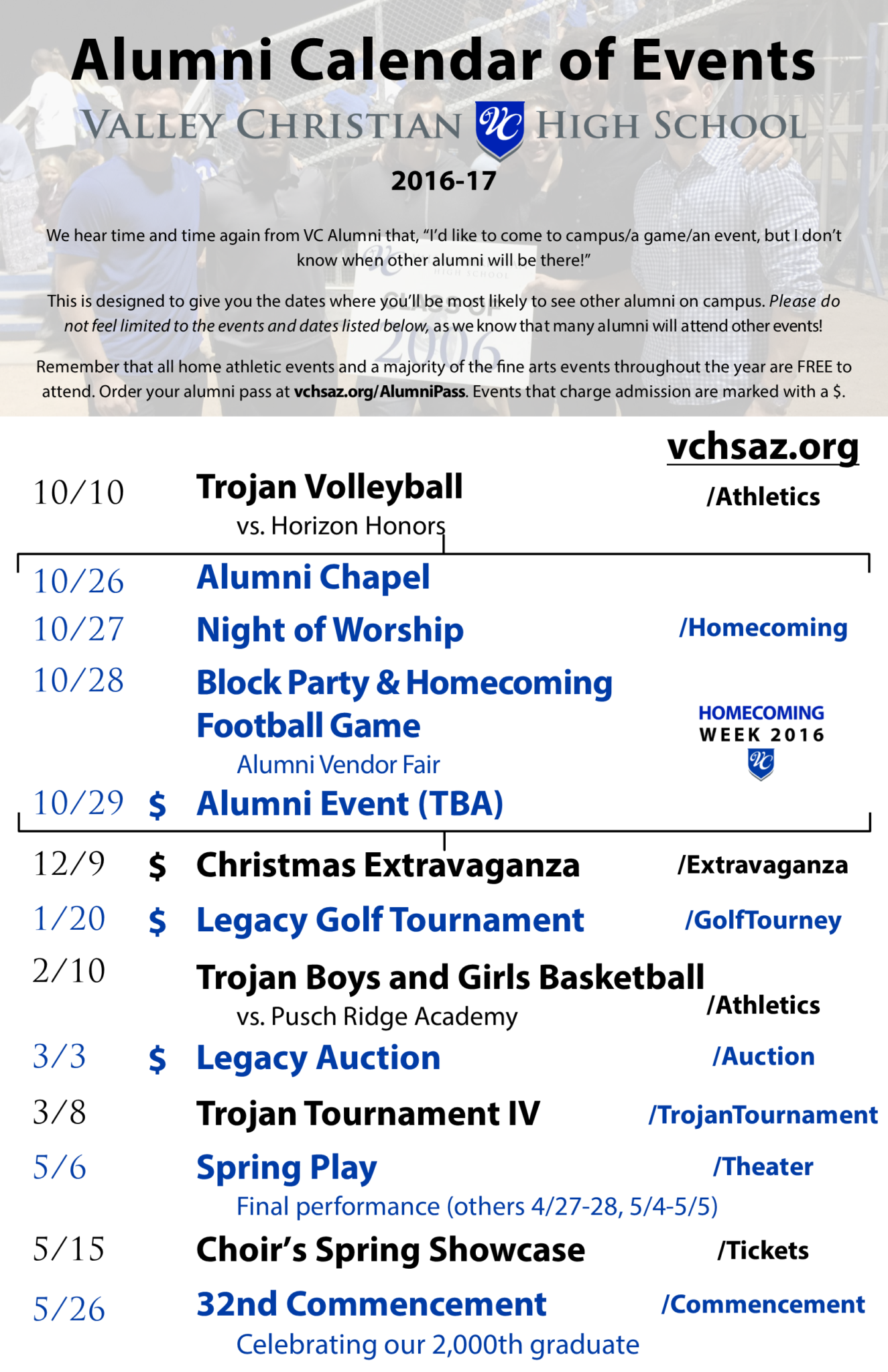 Alumni Calendar of Events v082516b Valley Christian Schools